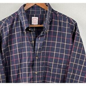Brooks Brothers Mens XL Navy Shirt check long sleeve Button Down Cotton Non Iron